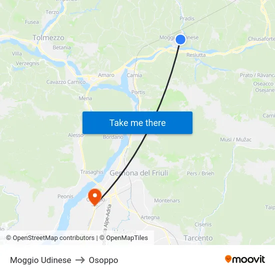 Moggio Udinese to Osoppo map