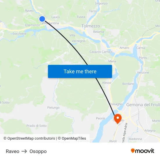 Raveo to Osoppo map