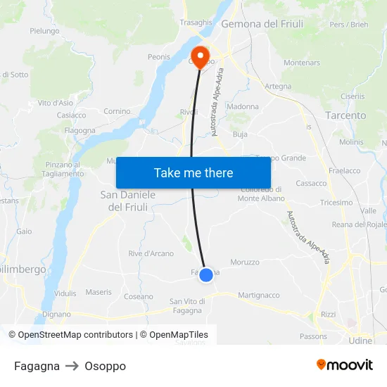 Fagagna to Osoppo map