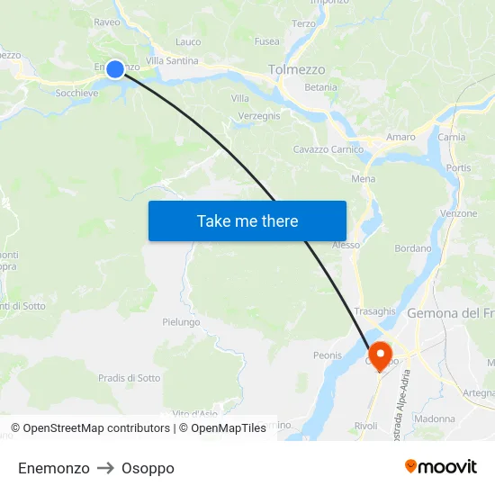 Enemonzo to Osoppo map