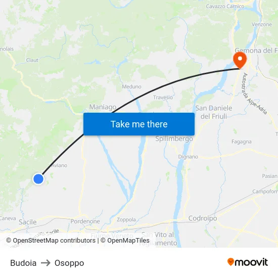 Budoia to Osoppo map