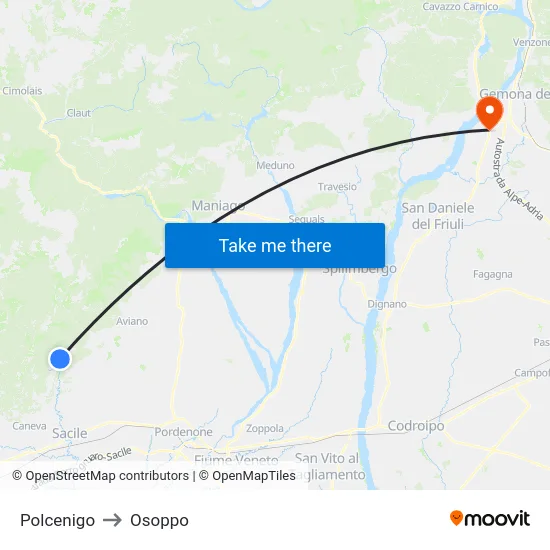 Polcenigo to Osoppo map