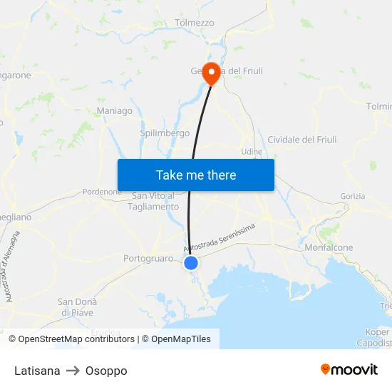 Latisana to Osoppo map