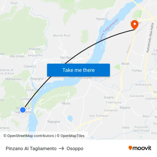 Pinzano Al Tagliamento to Osoppo map