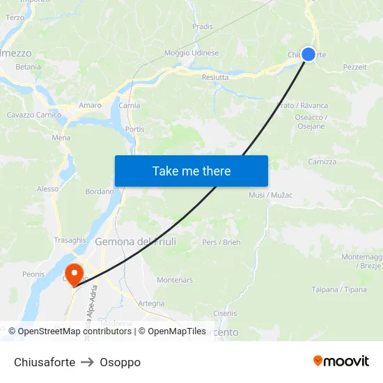 Chiusaforte to Osoppo map