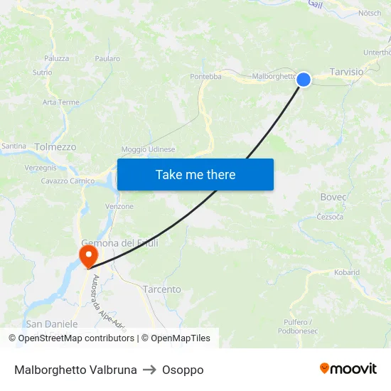 Malborghetto Valbruna to Osoppo map
