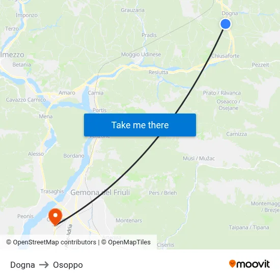 Dogna to Osoppo map