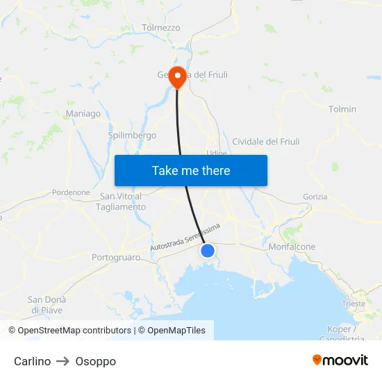 Carlino to Osoppo map