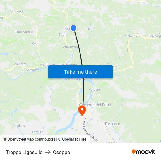 Treppo Ligosullo to Osoppo map