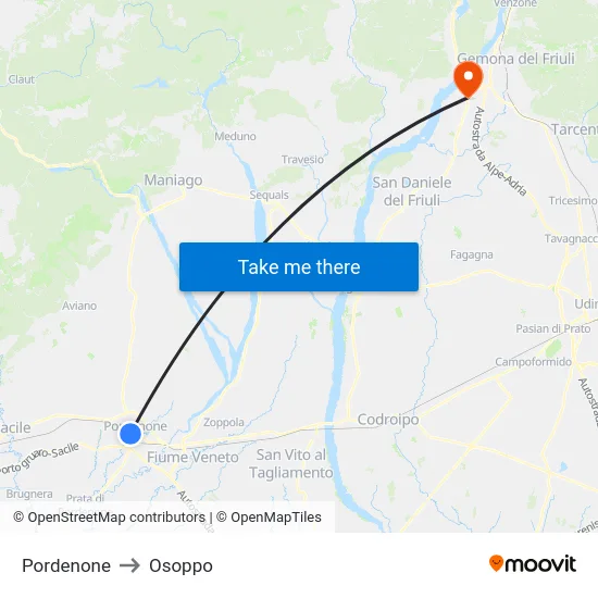 Pordenone to Osoppo map