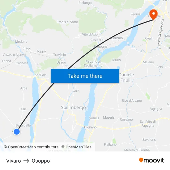 Vivaro to Osoppo map