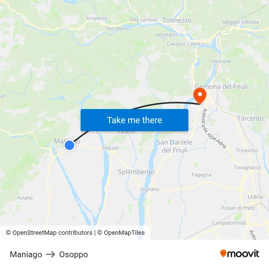 Maniago to Osoppo map