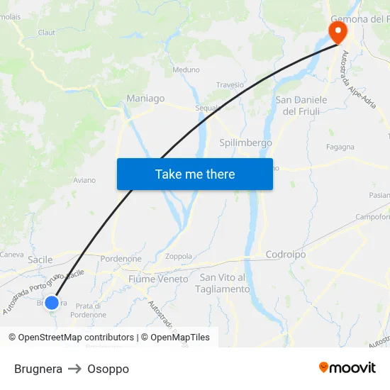 Brugnera to Osoppo map