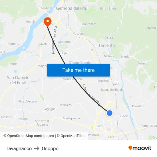 Tavagnacco to Osoppo map