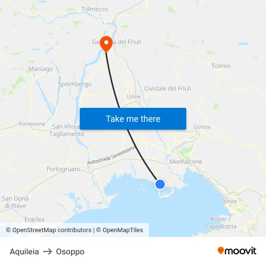 Aquileia to Osoppo map