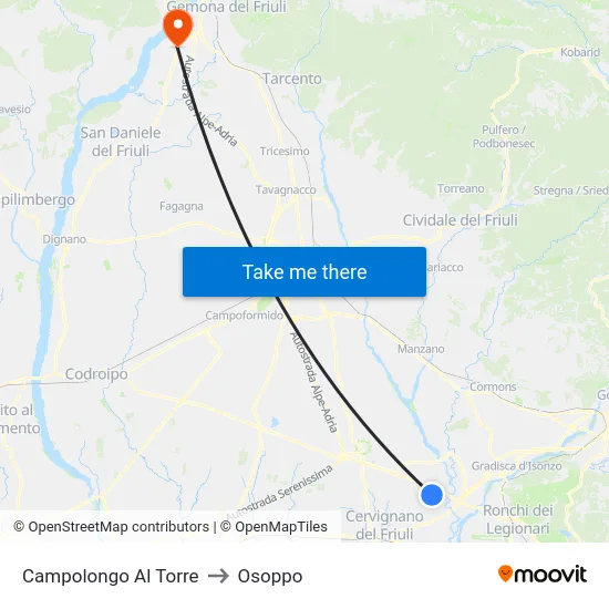 Campolongo Al Torre to Osoppo map
