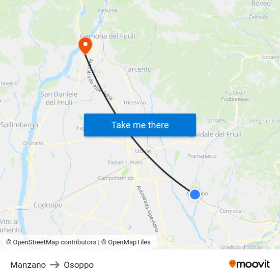 Manzano to Osoppo map