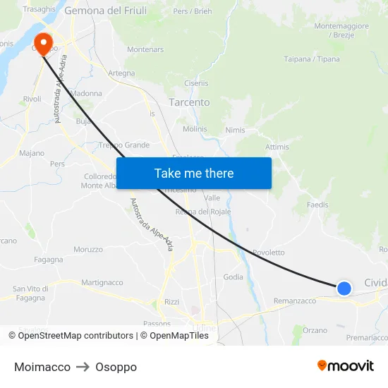 Moimacco to Osoppo map
