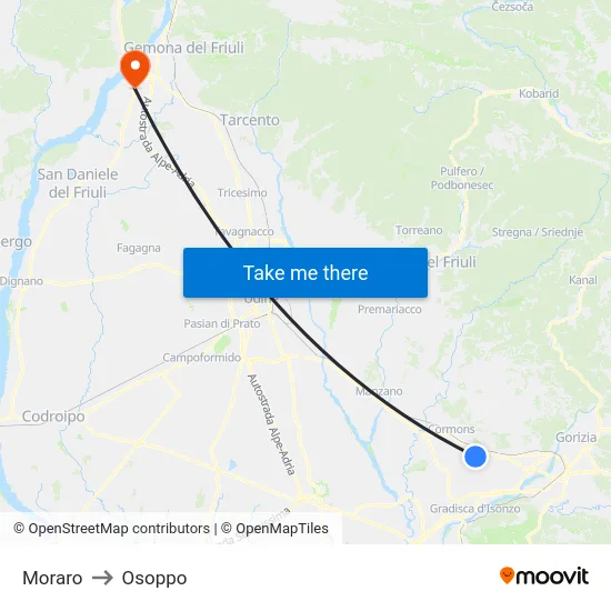 Moraro to Osoppo map