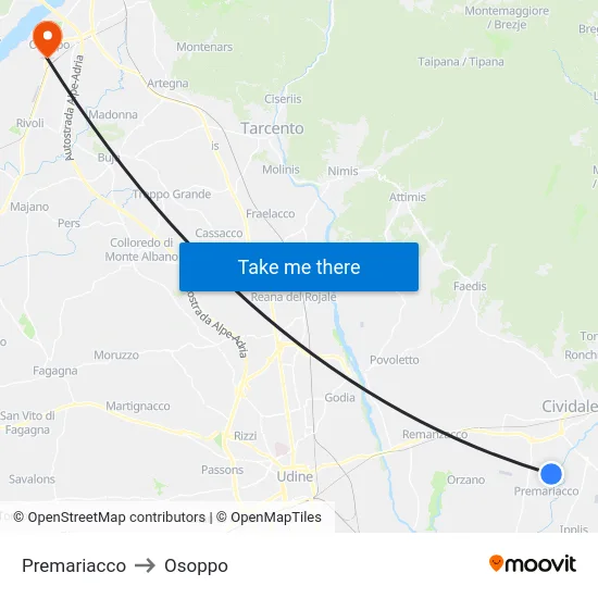 Premariacco to Osoppo map