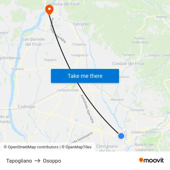 Tapogliano to Osoppo map