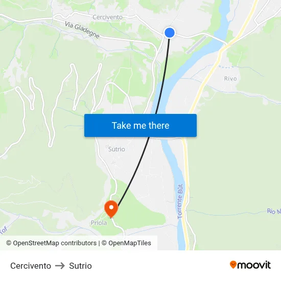 Cercivento to Sutrio map