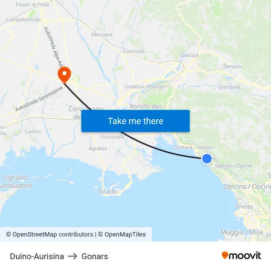 Duino-Aurisina to Gonars map