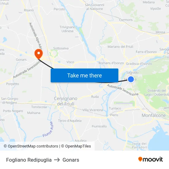 Fogliano Redipuglia to Gonars map