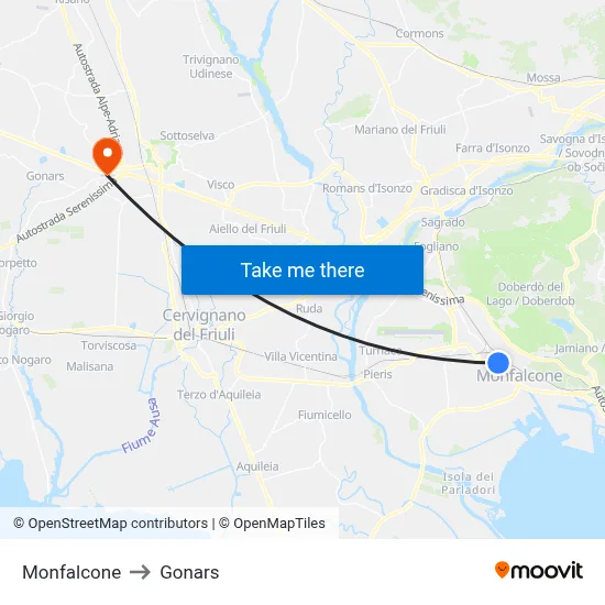 Monfalcone to Gonars map