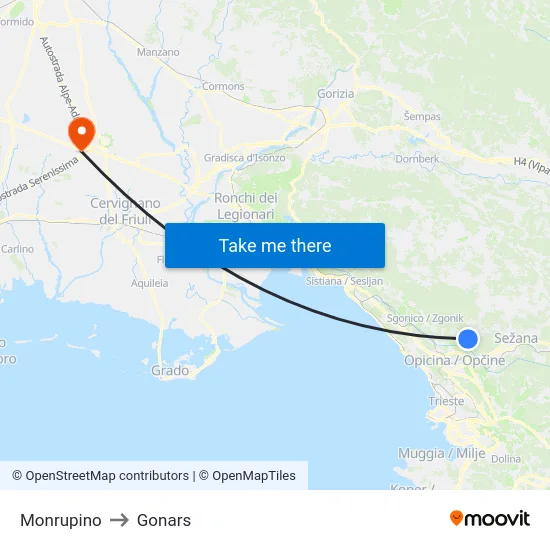Monrupino to Gonars map