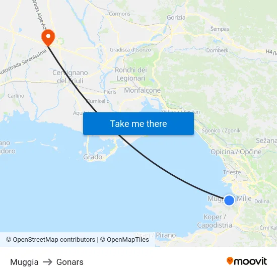 Muggia to Gonars map