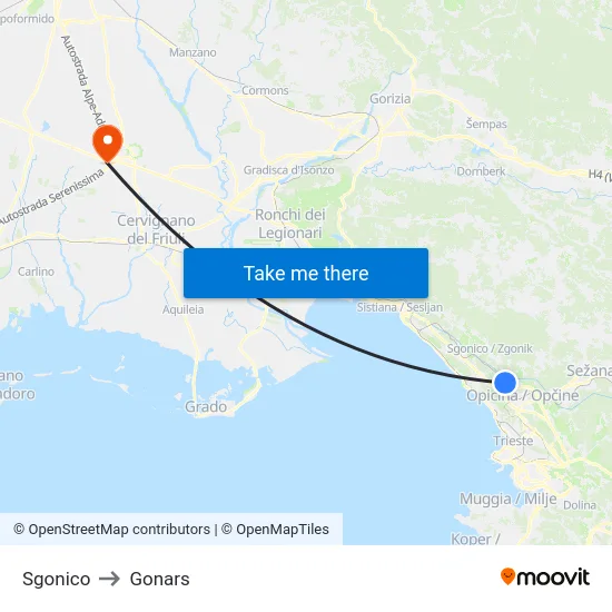 Sgonico to Gonars map