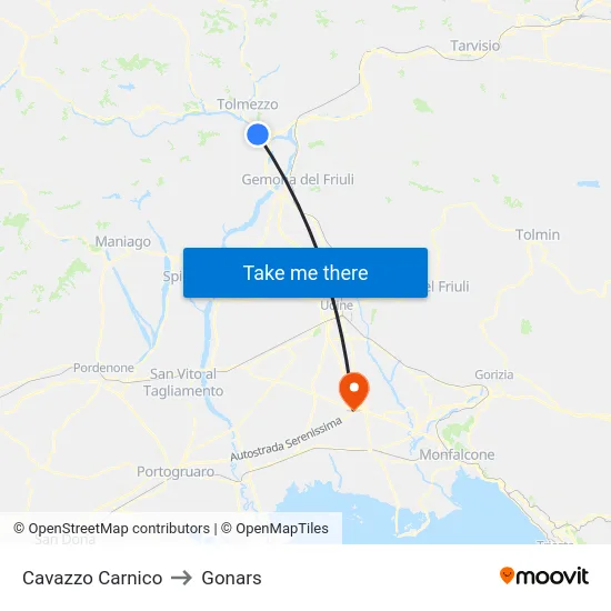 Cavazzo Carnico to Gonars map
