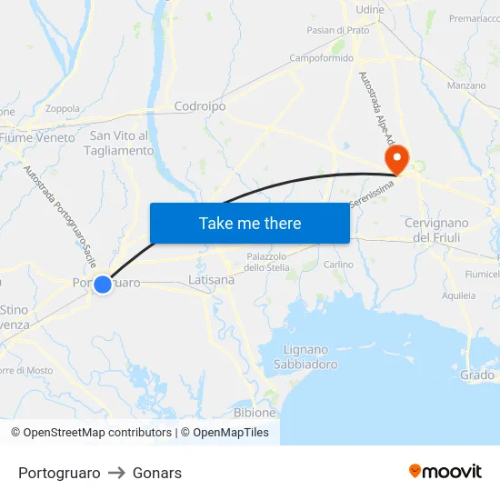 Portogruaro to Gonars map