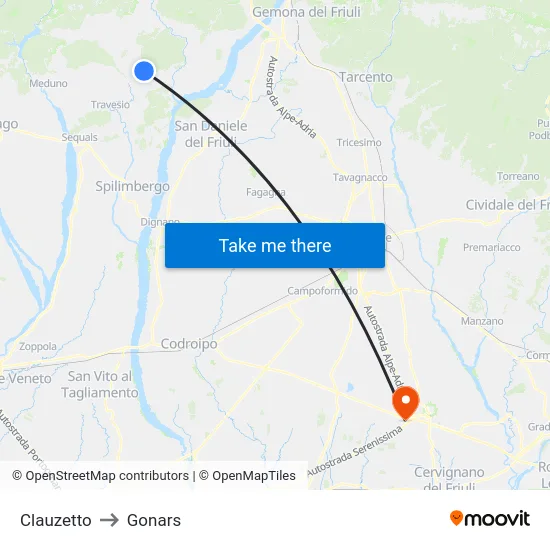 Clauzetto to Gonars map