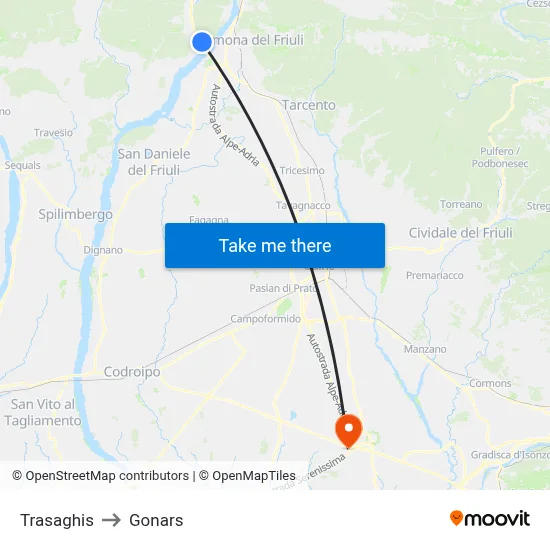 Trasaghis to Gonars map