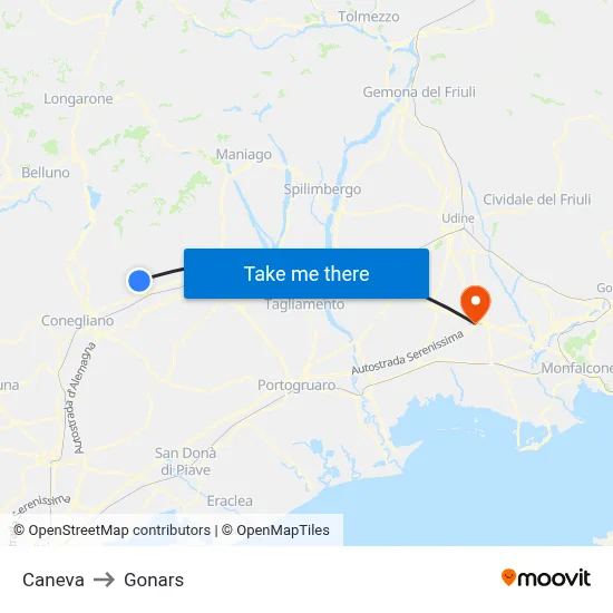 Caneva to Gonars map