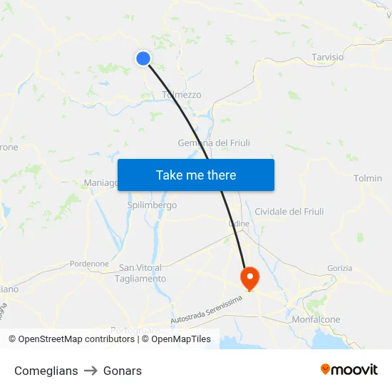 Comeglians to Gonars map