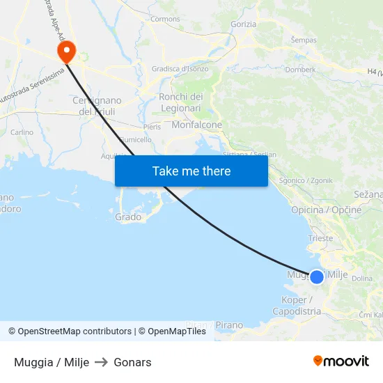 Muggia / Milje to Gonars map