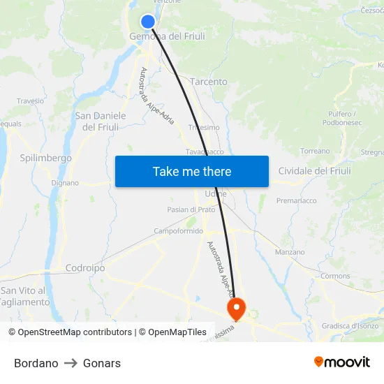 Bordano to Gonars map