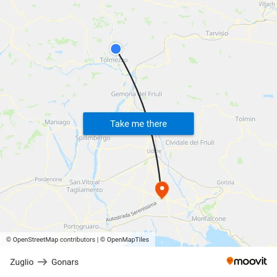 Zuglio to Gonars map