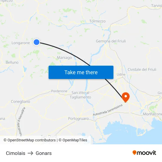 Cimolais to Gonars map