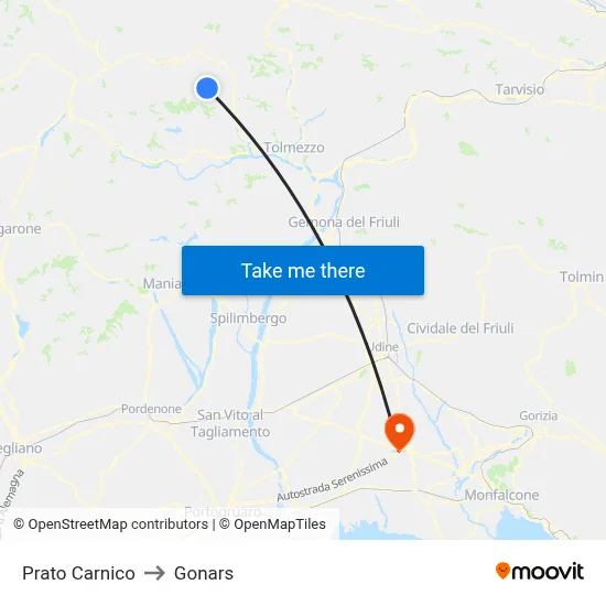 Prato Carnico to Gonars map