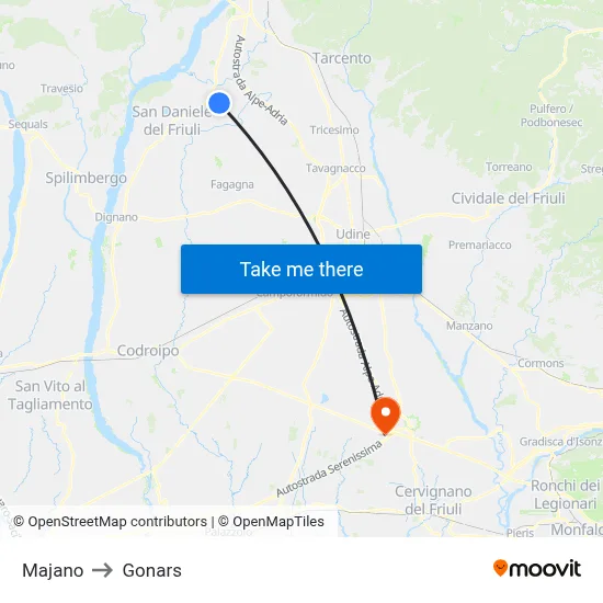 Majano to Gonars map