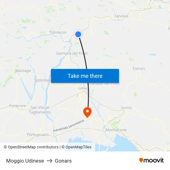 Moggio Udinese to Gonars map