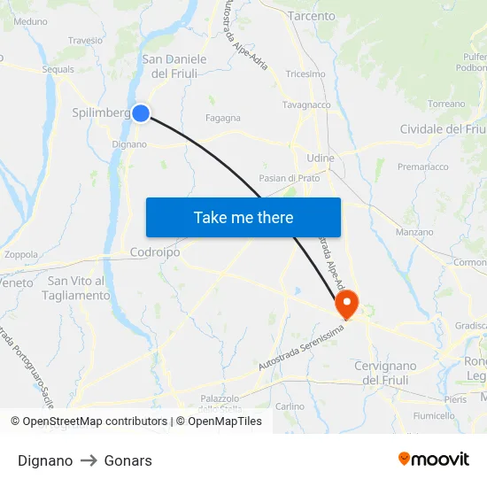 Dignano to Gonars map