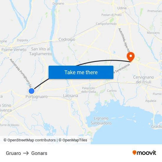 Gruaro to Gonars map