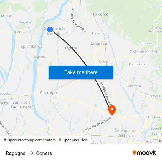 Ragogna to Gonars map