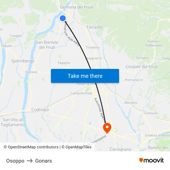 Osoppo to Gonars map