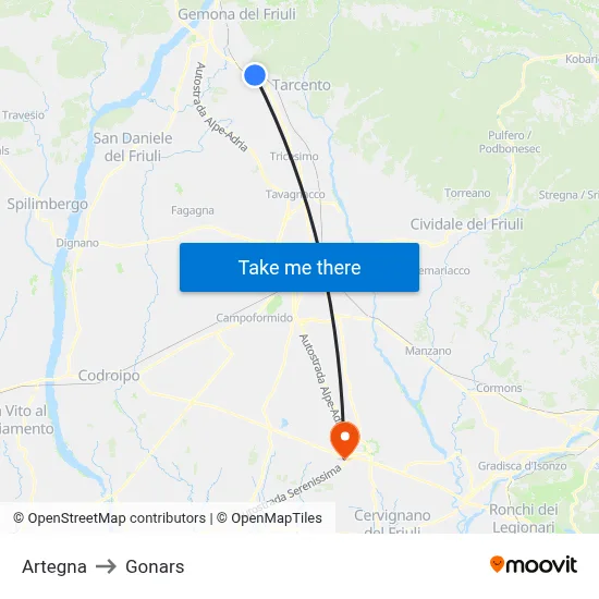 Artegna to Gonars map